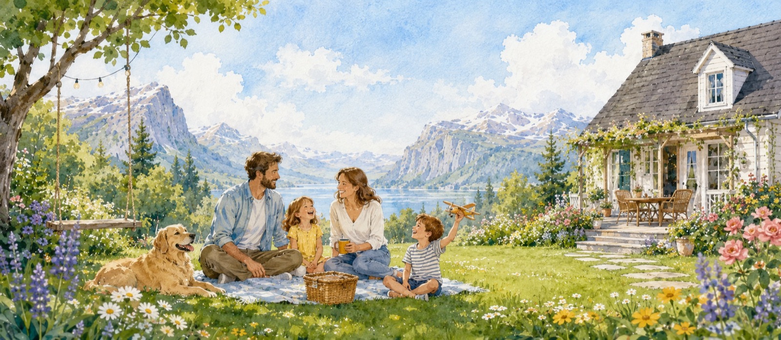 A family enjoying time together by the lake